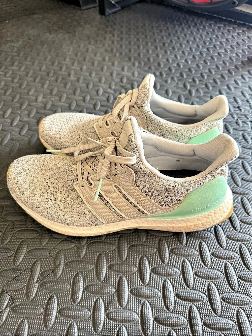 adidas Ultraboost Knit Running Shoes in Beige & Green